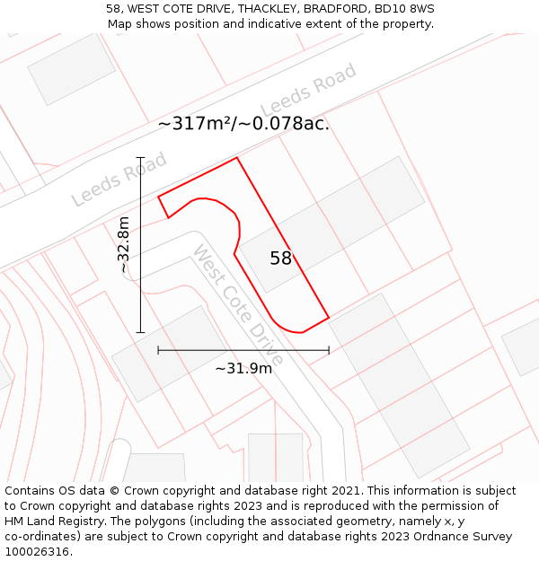 58, WEST COTE DRIVE, THACKLEY, BRADFORD, BD10 8WS: Plot and title map