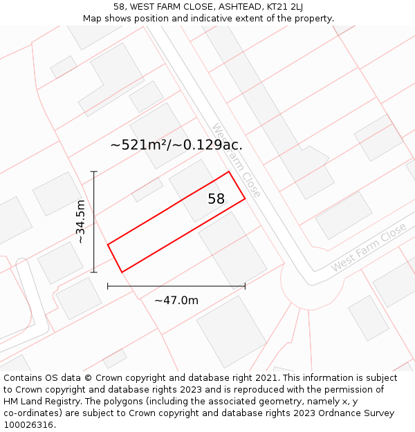 58, WEST FARM CLOSE, ASHTEAD, KT21 2LJ: Plot and title map