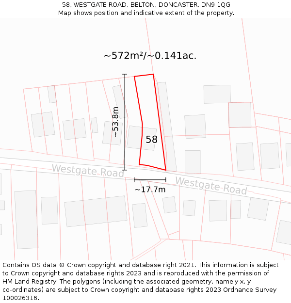 58, WESTGATE ROAD, BELTON, DONCASTER, DN9 1QG: Plot and title map