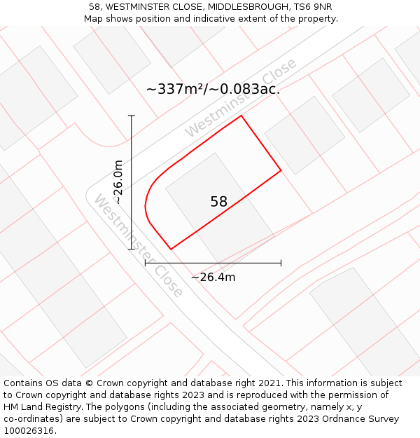 58, WESTMINSTER CLOSE, MIDDLESBROUGH, TS6 9NR: Plot and title map