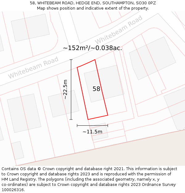 58, WHITEBEAM ROAD, HEDGE END, SOUTHAMPTON, SO30 0PZ: Plot and title map
