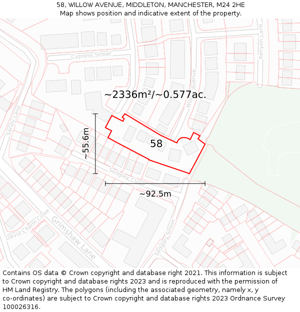 58, WILLOW AVENUE, MIDDLETON, MANCHESTER, M24 2HE: Plot and title map