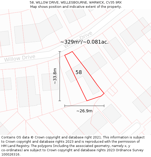 58, WILLOW DRIVE, WELLESBOURNE, WARWICK, CV35 9RX: Plot and title map