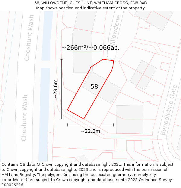 58, WILLOWDENE, CHESHUNT, WALTHAM CROSS, EN8 0XD: Plot and title map