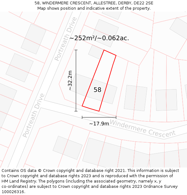 58, WINDERMERE CRESCENT, ALLESTREE, DERBY, DE22 2SE: Plot and title map