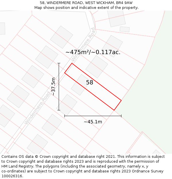 58, WINDERMERE ROAD, WEST WICKHAM, BR4 9AW: Plot and title map