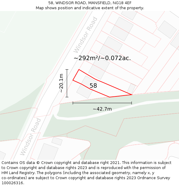 58, WINDSOR ROAD, MANSFIELD, NG18 4EF: Plot and title map
