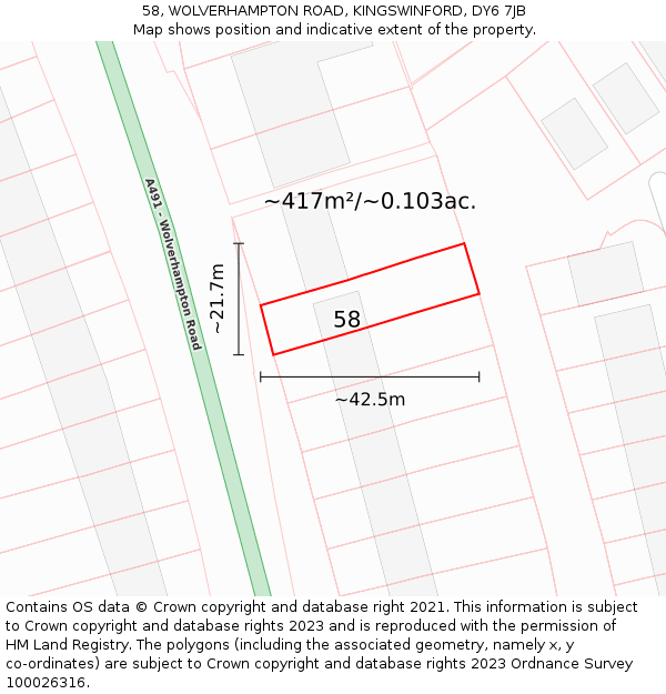 58, WOLVERHAMPTON ROAD, KINGSWINFORD, DY6 7JB: Plot and title map
