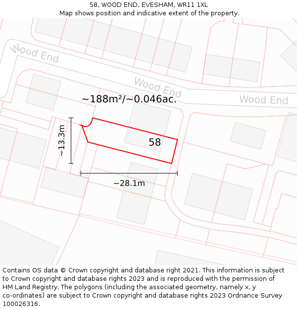 58, WOOD END, EVESHAM, WR11 1XL: Plot and title map