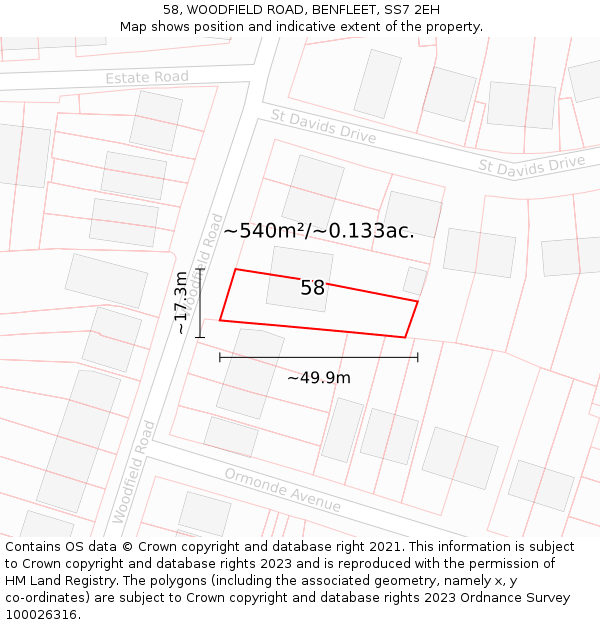 58, WOODFIELD ROAD, BENFLEET, SS7 2EH: Plot and title map