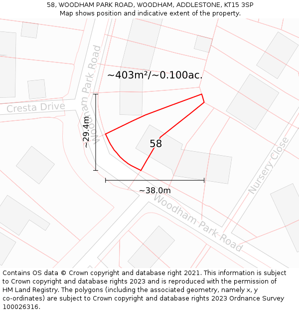 58, WOODHAM PARK ROAD, WOODHAM, ADDLESTONE, KT15 3SP: Plot and title map