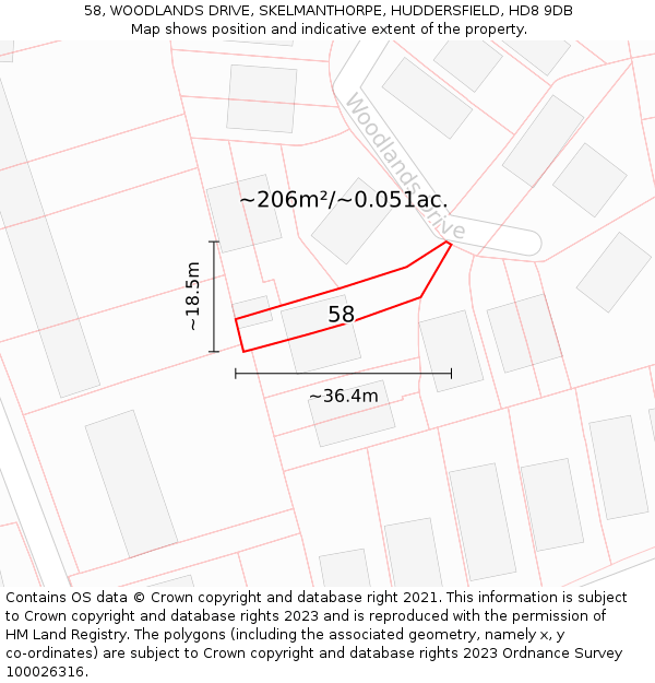 58, WOODLANDS DRIVE, SKELMANTHORPE, HUDDERSFIELD, HD8 9DB: Plot and title map