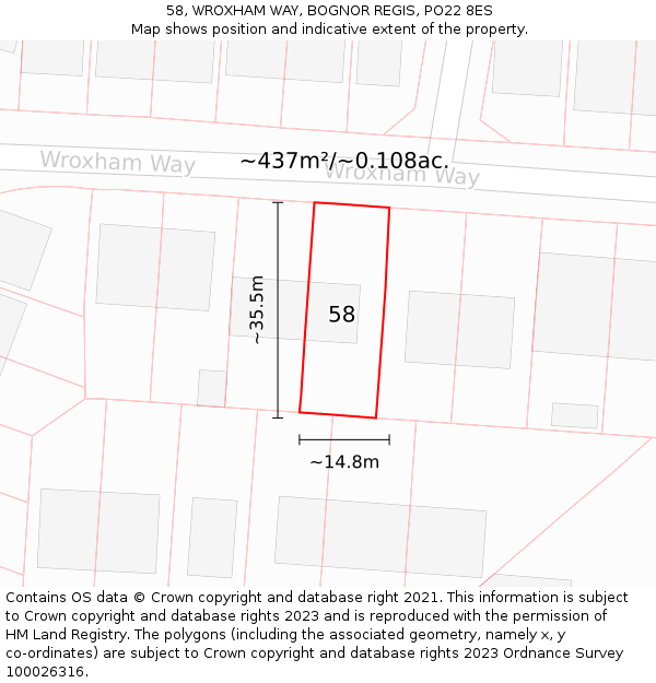 58, WROXHAM WAY, BOGNOR REGIS, PO22 8ES: Plot and title map
