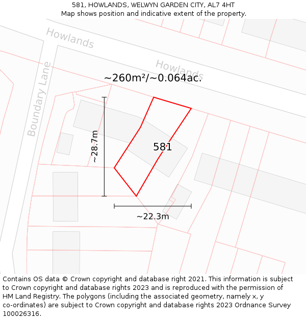 581, HOWLANDS, WELWYN GARDEN CITY, AL7 4HT: Plot and title map