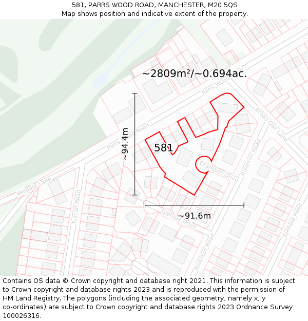 581, PARRS WOOD ROAD, MANCHESTER, M20 5QS: Plot and title map