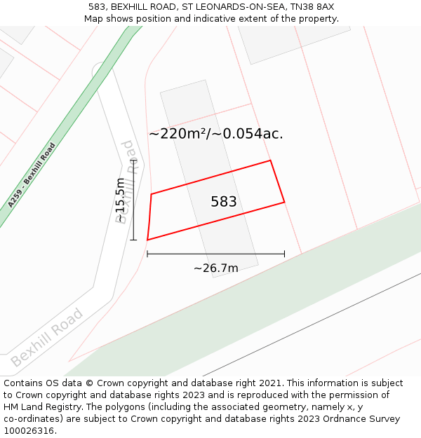 583, BEXHILL ROAD, ST LEONARDS-ON-SEA, TN38 8AX: Plot and title map