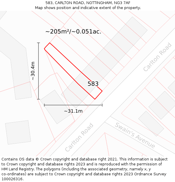 583, CARLTON ROAD, NOTTINGHAM, NG3 7AF: Plot and title map