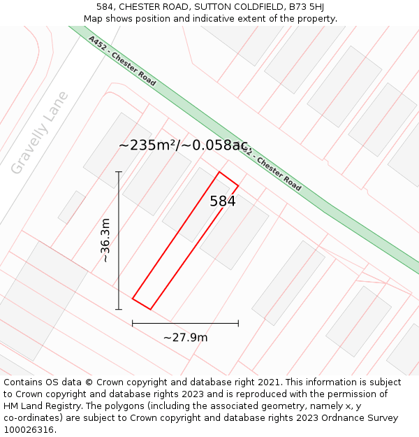 584, CHESTER ROAD, SUTTON COLDFIELD, B73 5HJ: Plot and title map
