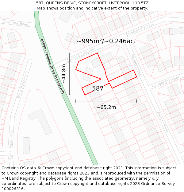 587, QUEENS DRIVE, STONEYCROFT, LIVERPOOL, L13 5TZ: Plot and title map