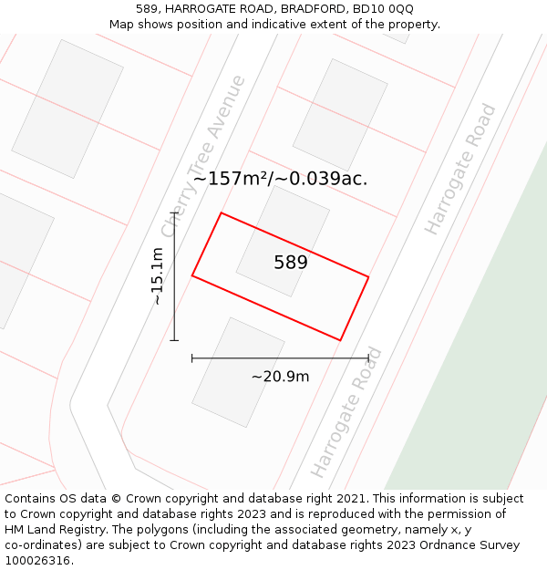 589, HARROGATE ROAD, BRADFORD, BD10 0QQ: Plot and title map