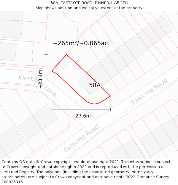 58A, EASTCOTE ROAD, PINNER, HA5 1EH: Plot and title map