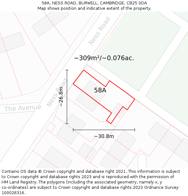 58A, NESS ROAD, BURWELL, CAMBRIDGE, CB25 0DA: Plot and title map