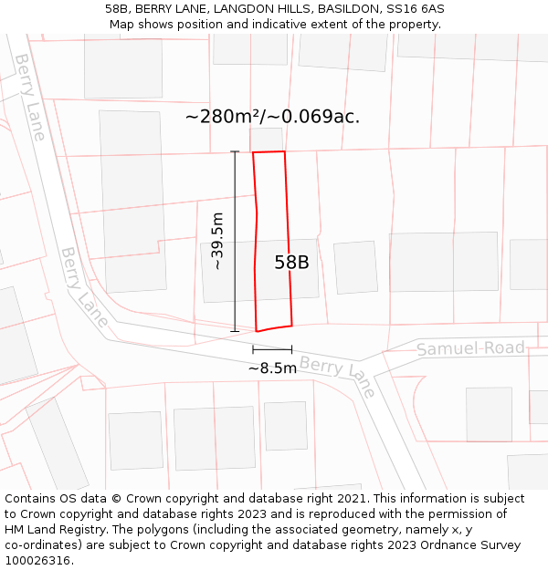 58B, BERRY LANE, LANGDON HILLS, BASILDON, SS16 6AS: Plot and title map