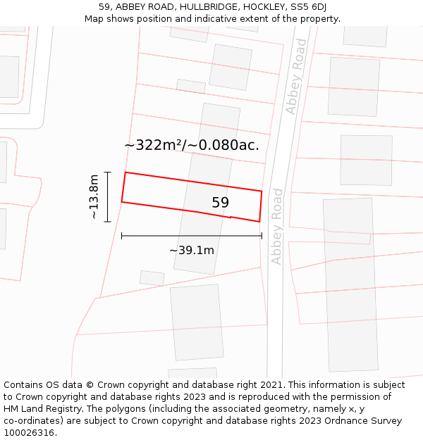 59, ABBEY ROAD, HULLBRIDGE, HOCKLEY, SS5 6DJ: Plot and title map