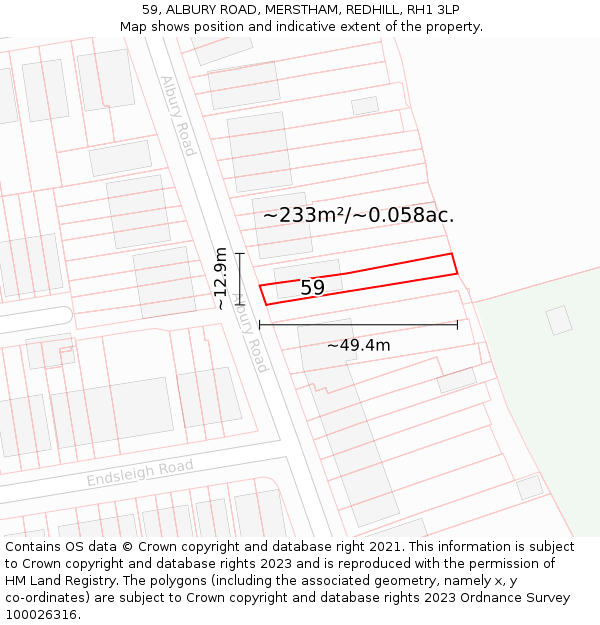 59, ALBURY ROAD, MERSTHAM, REDHILL, RH1 3LP: Plot and title map