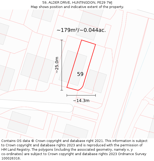 59, ALDER DRIVE, HUNTINGDON, PE29 7WJ: Plot and title map
