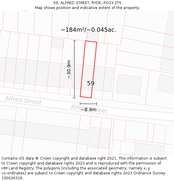 59, ALFRED STREET, RYDE, PO33 2TS: Plot and title map