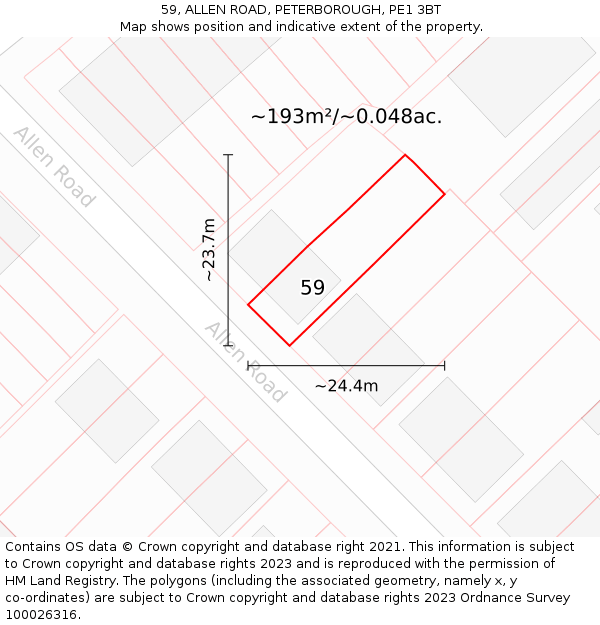 59, ALLEN ROAD, PETERBOROUGH, PE1 3BT: Plot and title map