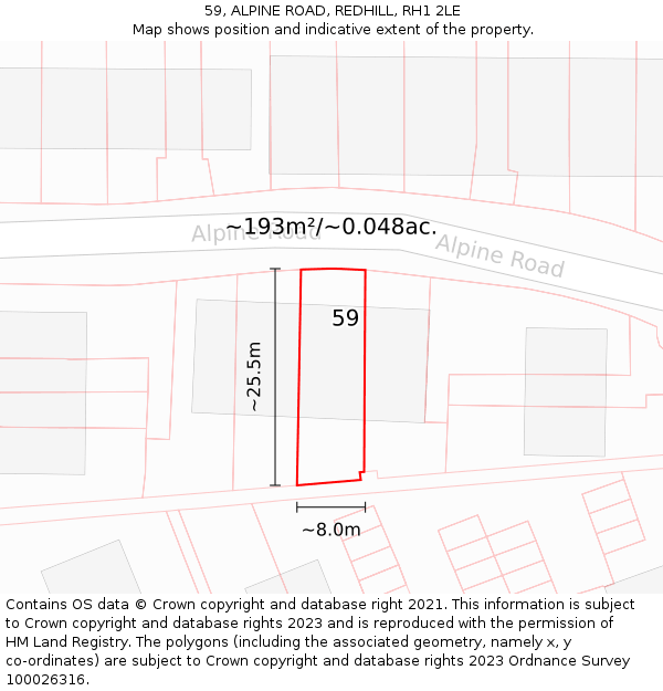 59, ALPINE ROAD, REDHILL, RH1 2LE: Plot and title map