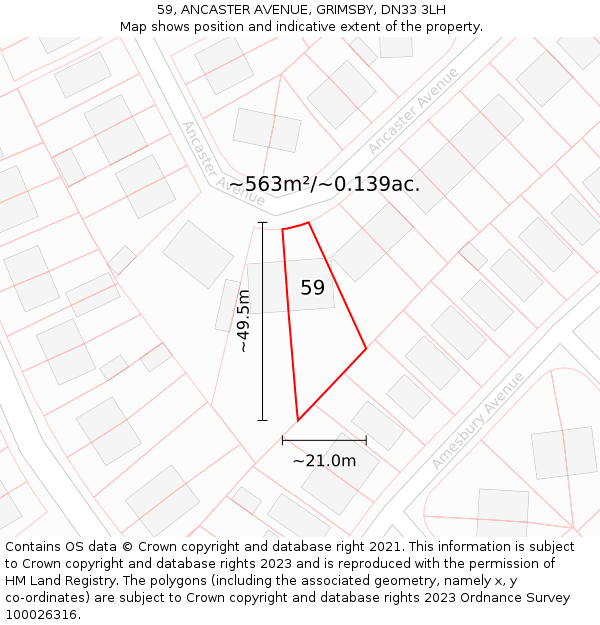 59, ANCASTER AVENUE, GRIMSBY, DN33 3LH: Plot and title map