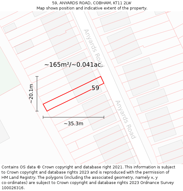 59, ANYARDS ROAD, COBHAM, KT11 2LW: Plot and title map