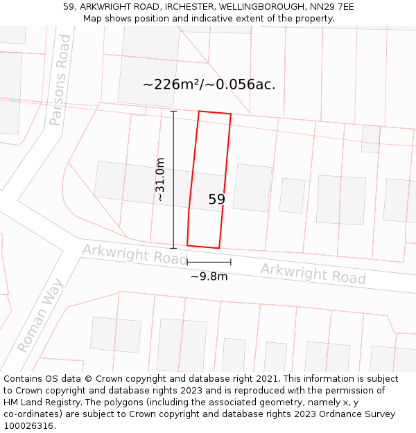59, ARKWRIGHT ROAD, IRCHESTER, WELLINGBOROUGH, NN29 7EE: Plot and title map