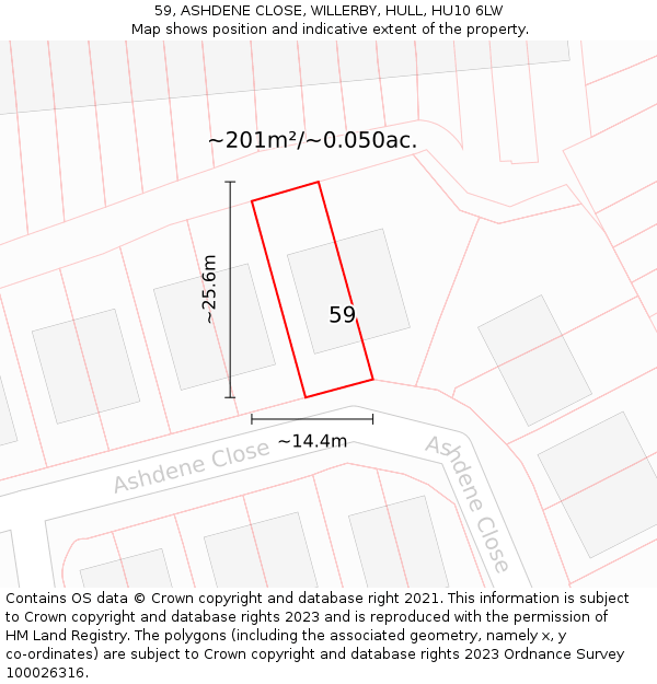 59, ASHDENE CLOSE, WILLERBY, HULL, HU10 6LW: Plot and title map