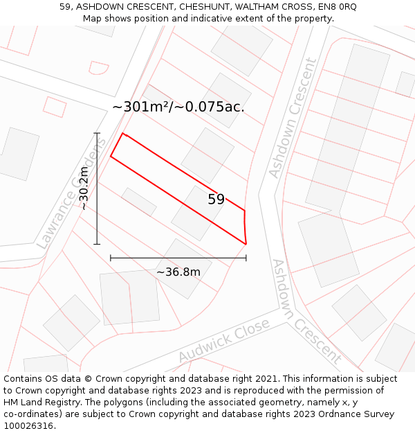 59, ASHDOWN CRESCENT, CHESHUNT, WALTHAM CROSS, EN8 0RQ: Plot and title map