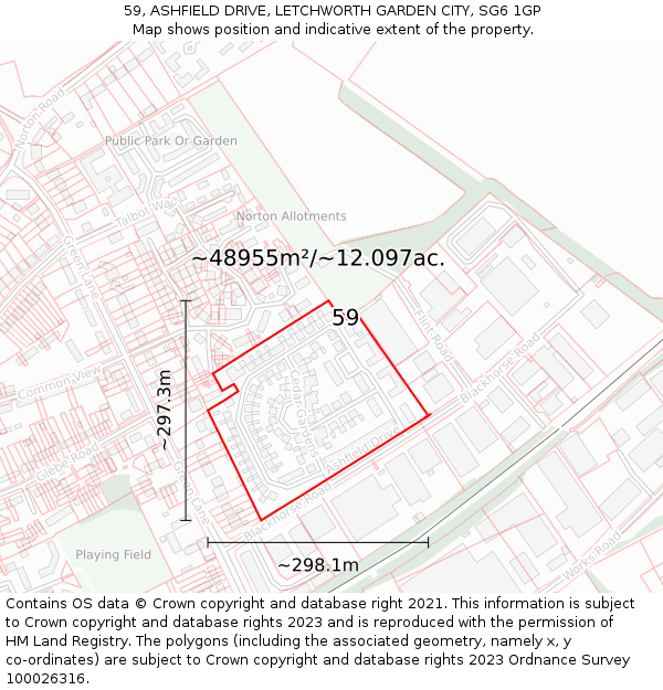 59, ASHFIELD DRIVE, LETCHWORTH GARDEN CITY, SG6 1GP: Plot and title map