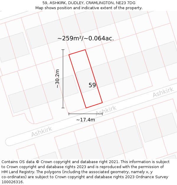 59, ASHKIRK, DUDLEY, CRAMLINGTON, NE23 7DG: Plot and title map