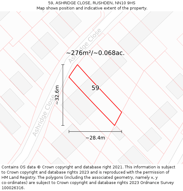 59, ASHRIDGE CLOSE, RUSHDEN, NN10 9HS: Plot and title map