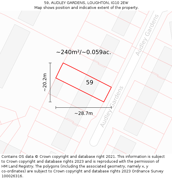 59, AUDLEY GARDENS, LOUGHTON, IG10 2EW: Plot and title map