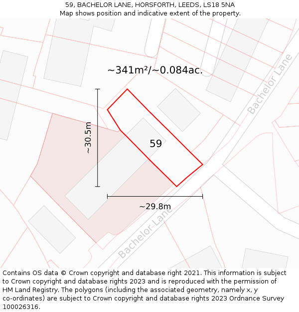 59, BACHELOR LANE, HORSFORTH, LEEDS, LS18 5NA: Plot and title map