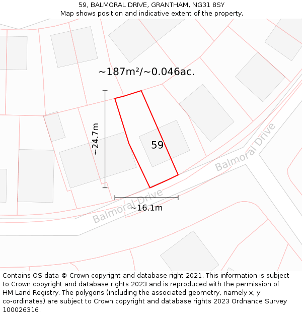 59, BALMORAL DRIVE, GRANTHAM, NG31 8SY: Plot and title map
