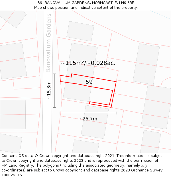 59, BANOVALLUM GARDENS, HORNCASTLE, LN9 6RF: Plot and title map
