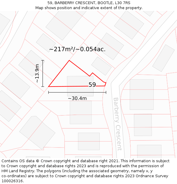 59, BARBERRY CRESCENT, BOOTLE, L30 7RS: Plot and title map