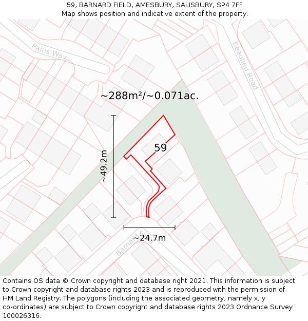 59, BARNARD FIELD, AMESBURY, SALISBURY, SP4 7FF: Plot and title map