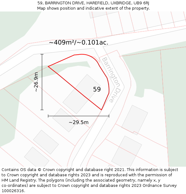 59, BARRINGTON DRIVE, HAREFIELD, UXBRIDGE, UB9 6RJ: Plot and title map