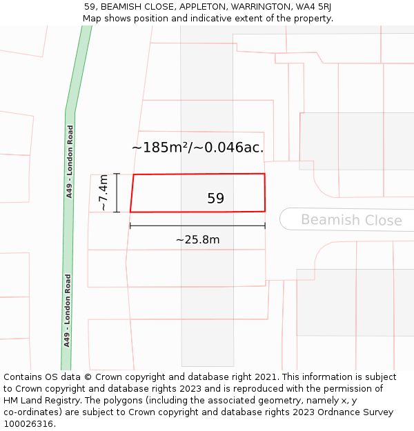 59, BEAMISH CLOSE, APPLETON, WARRINGTON, WA4 5RJ: Plot and title map