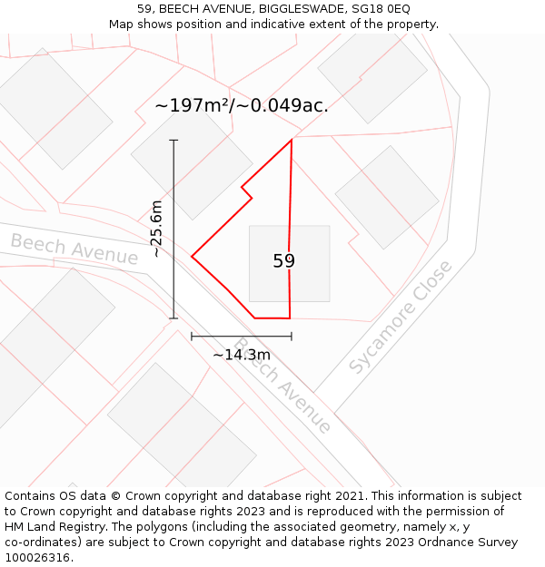 59, BEECH AVENUE, BIGGLESWADE, SG18 0EQ: Plot and title map